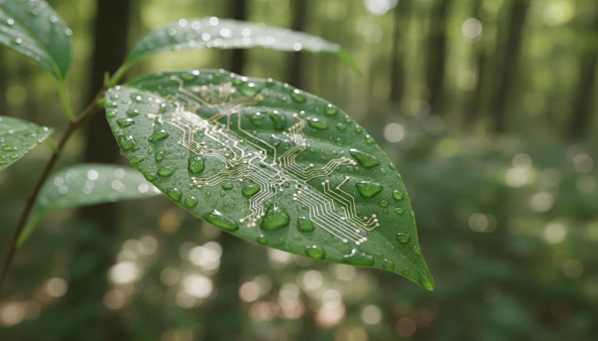Прозрачный микросенсор с тонкими проводящими дорожками на поверхности зеленого листа растения.