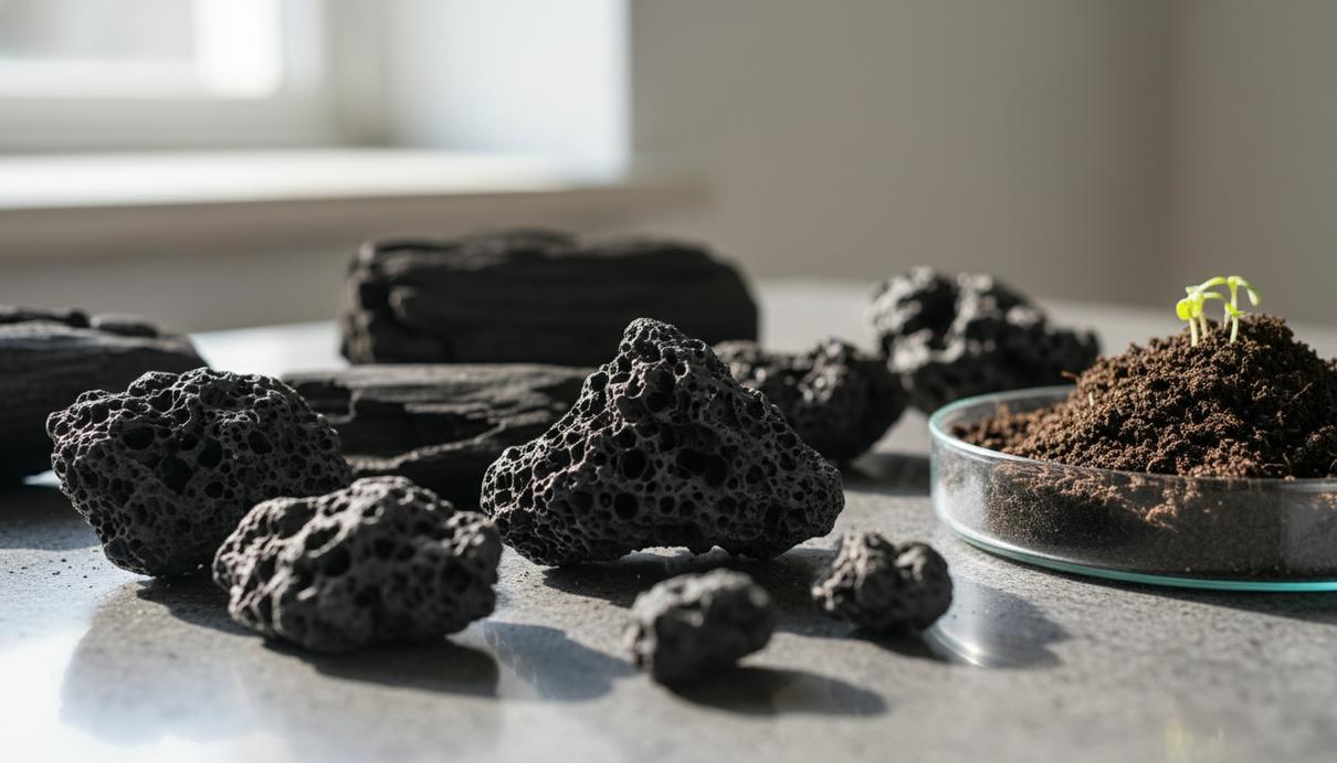 Черные пористые гранулы биоугля в чашке Петри на фоне темной почвы