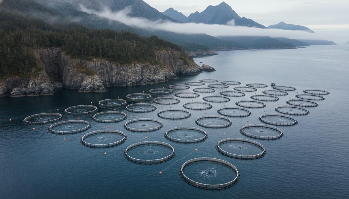 Ряды круглых плавучих садков рыбной фермы в открытом море на фоне прибрежных гор