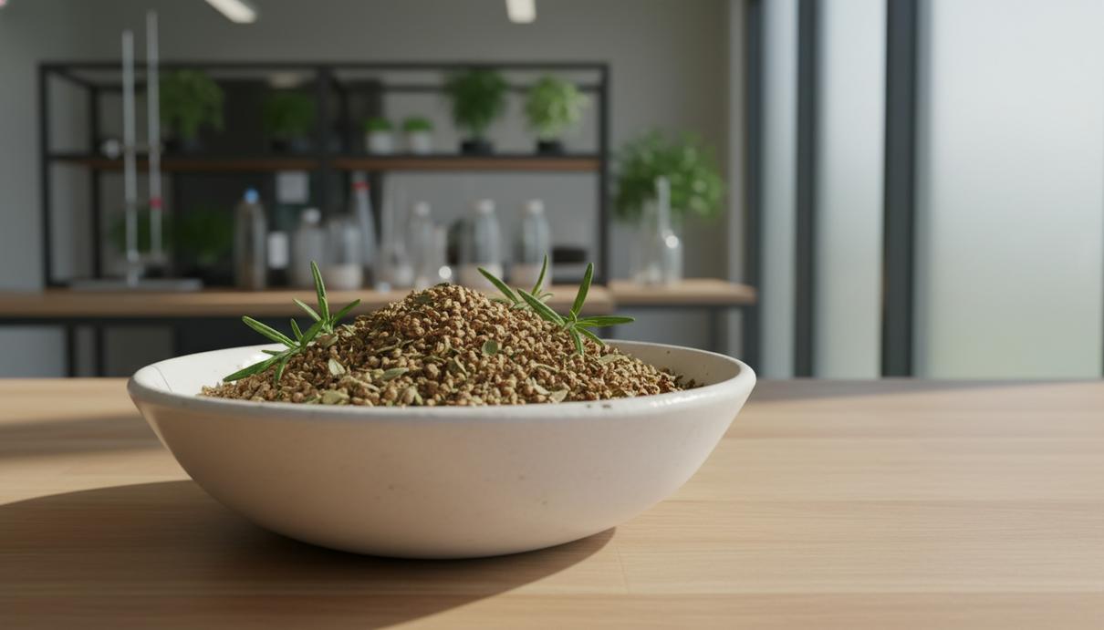 Стеклянная чаша с гранулированным кормом, сушеным орегано и ветками розмарина в светлой лаборатории.