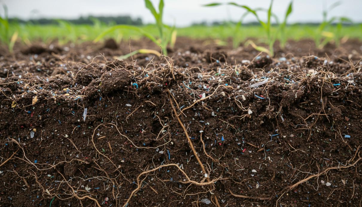 Почва в разрезе с корнями растений и мелкими частицами синтетического происхождения.