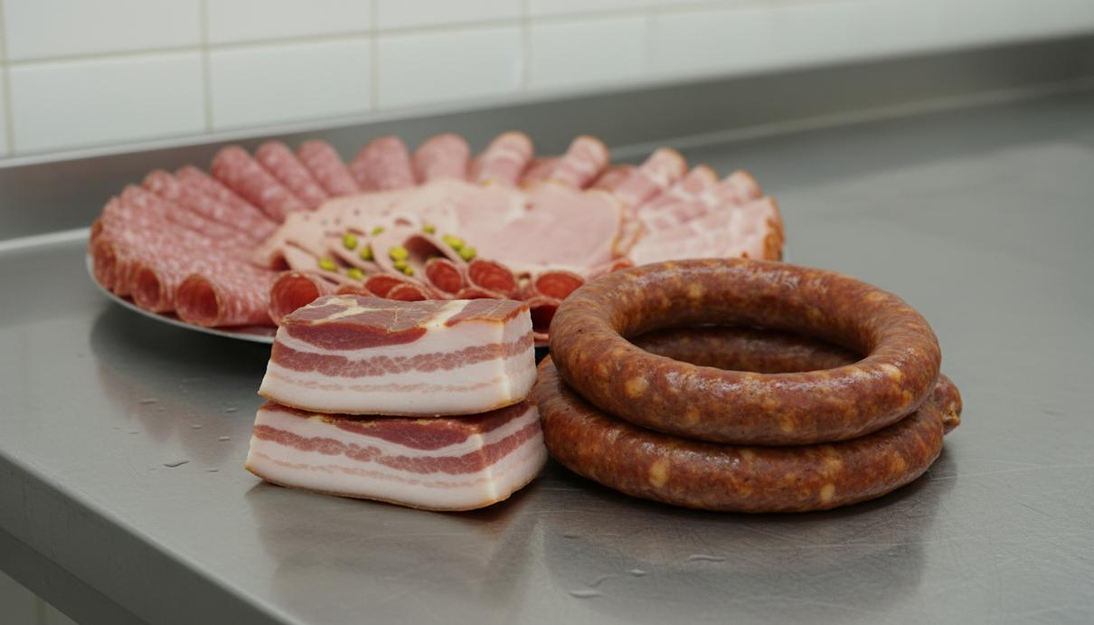 Разложенные на металлической поверхности сосиски, бекон и нарезанная ветчина.