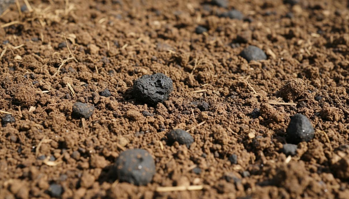 Темные гранулы гидроугля смешаны с рыхлой плодородной почвой на сельскохозяйственном поле.