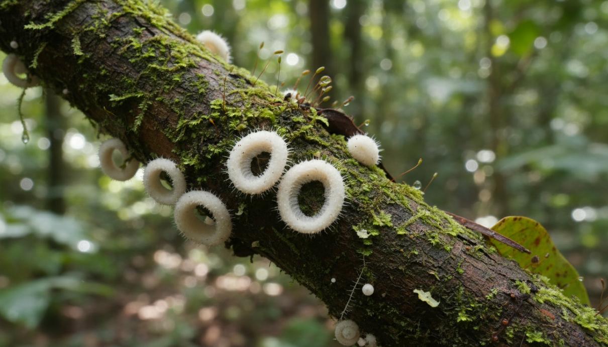 Белые микроскопические спиралевидные грибы на темной коре ветки кофейного дерева