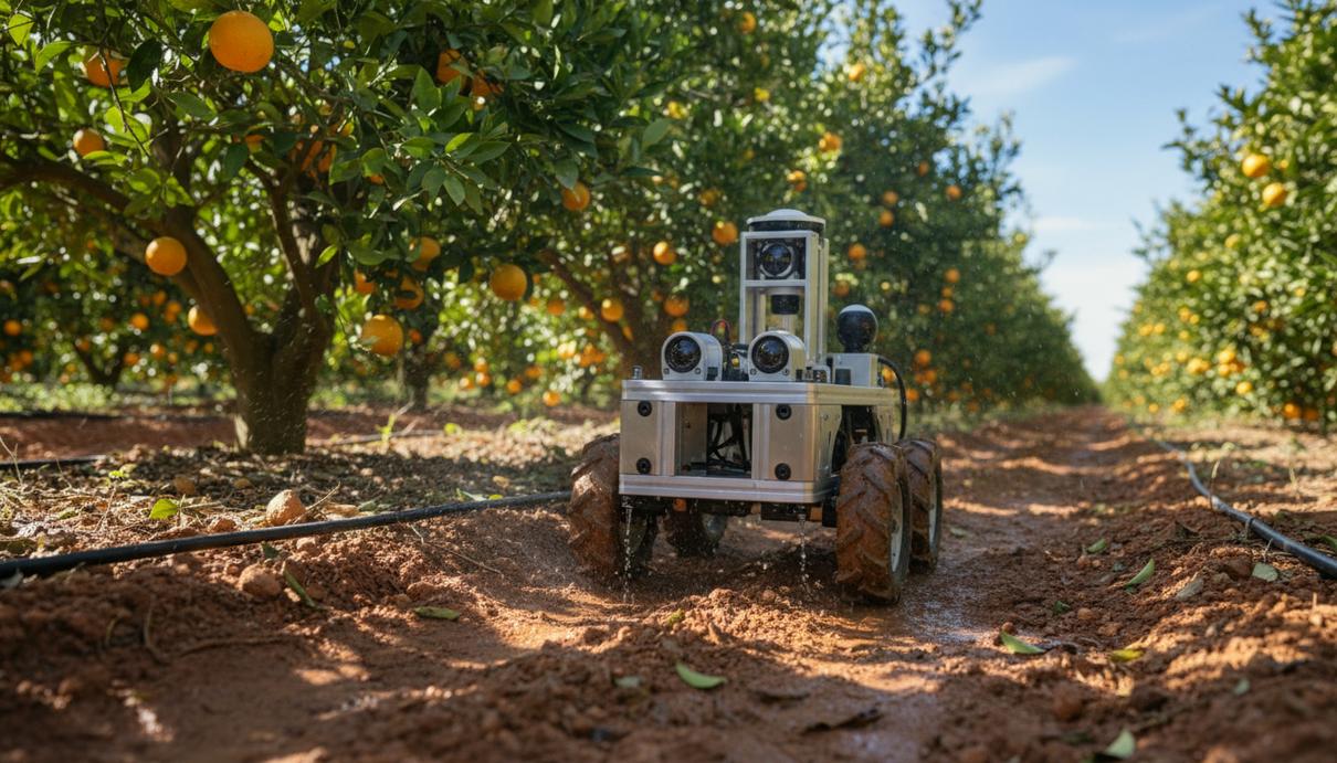 Автономный сельскохозяйственный робот на колесах в цитрусовом саду между рядами деревьев.