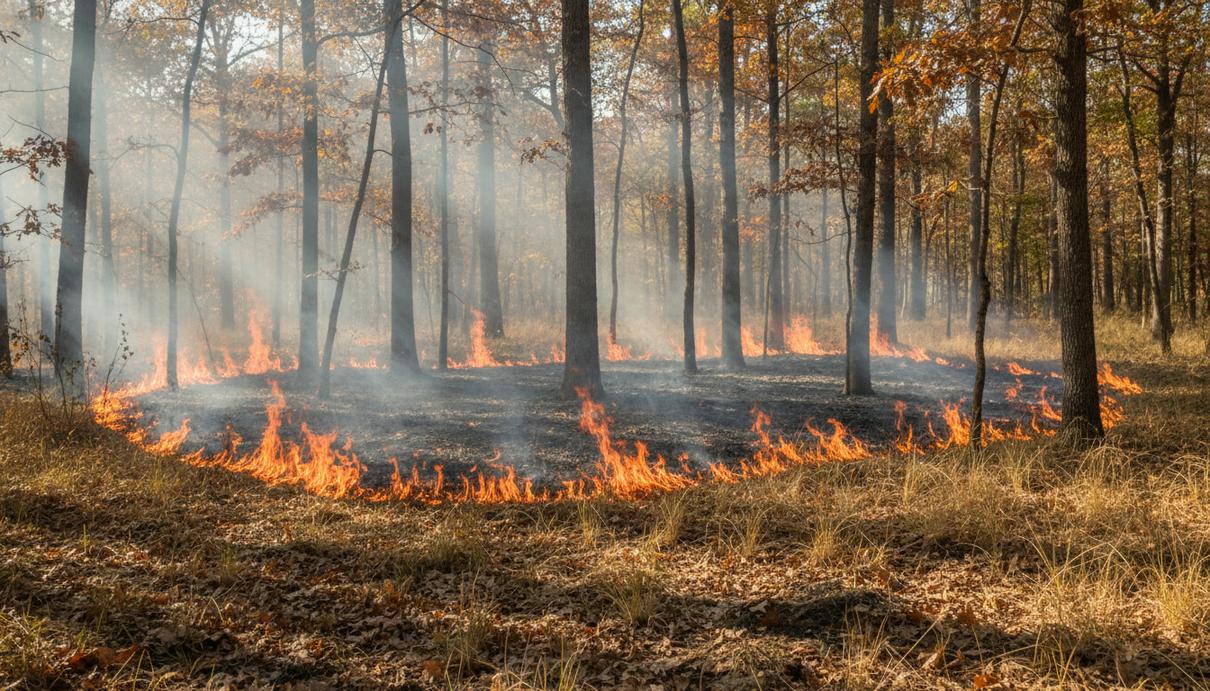 Низовой пожар в лесу: огонь распространяется по сухой траве и опавшим листьям между стволами деревьев.