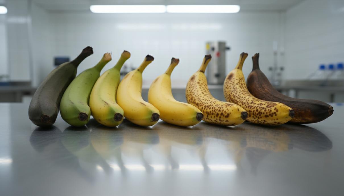 Связка бананов разной степени зрелости от ярко-зеленого до желтого цвета на металлическом столе в лаборатории.