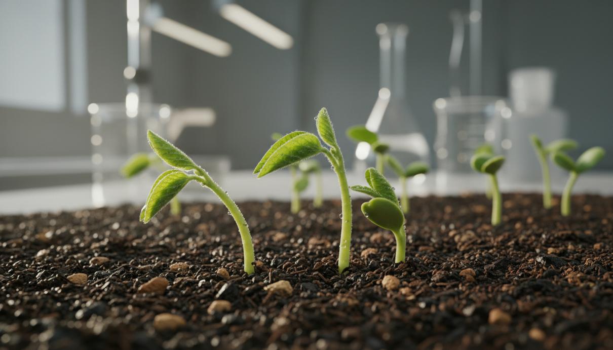 Молодые зеленые ростки сои пробиваются из влажной темной почвы в лабораторных условиях.