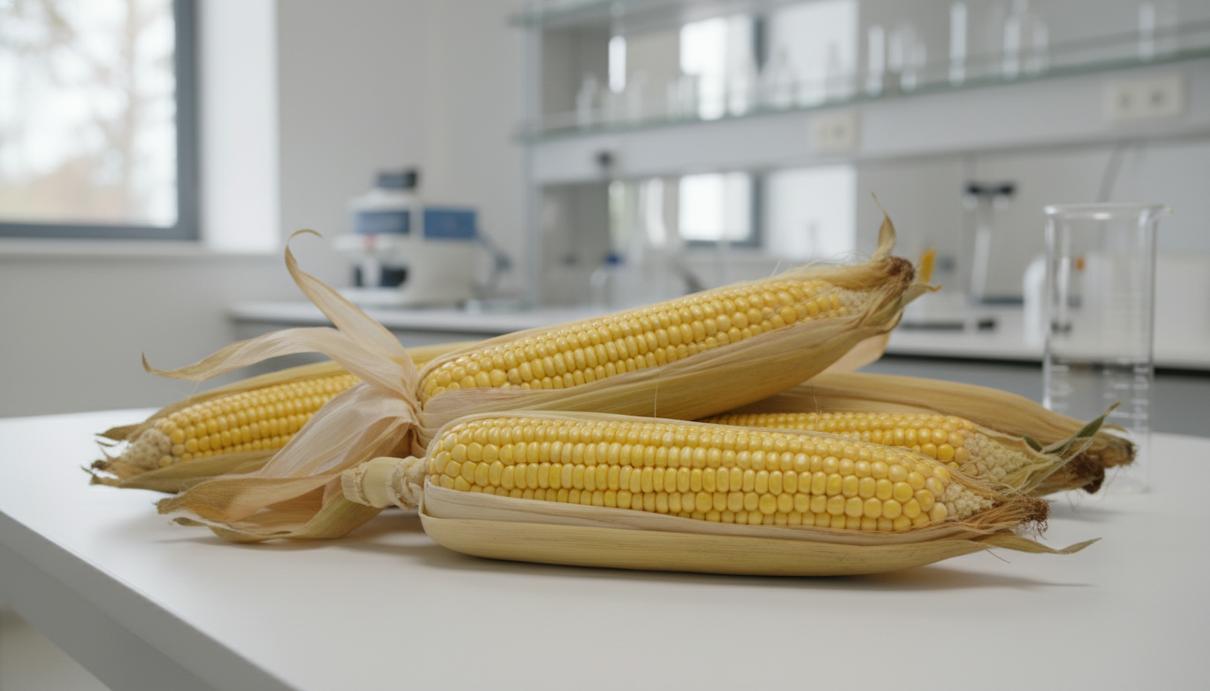 Початки спелой желтой кукурузы с сухой шелухой лежат на светлой поверхности в лаборатории.
