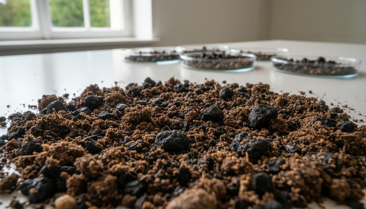 Стеклянные лабораторные чаши с образцами темной почвы и гранулами черного биоугля на столе.