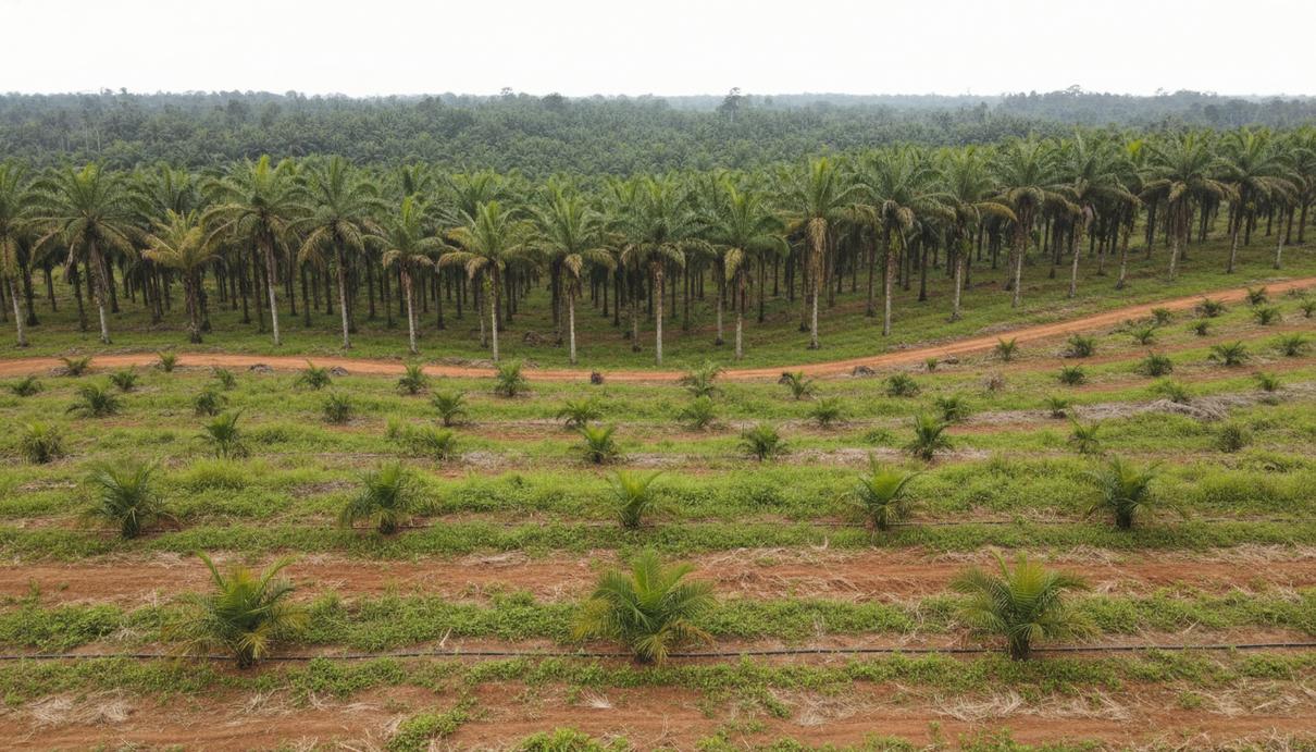 Плантация масличных пальм в Индонезии с рядами высоких старых деревьев и молодыми саженцами.