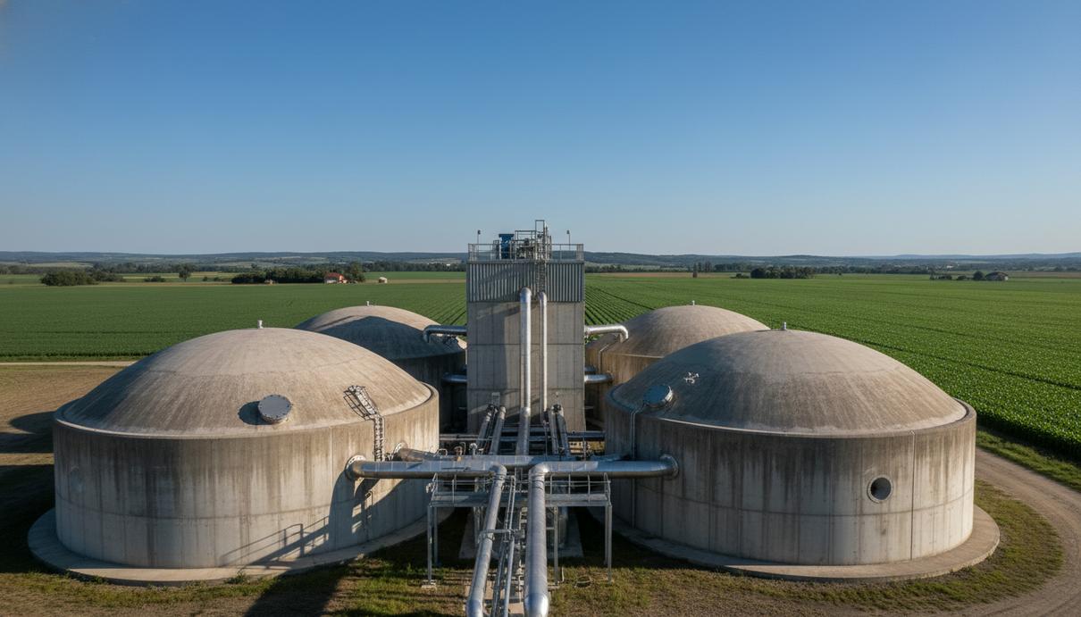 Комплекс из нескольких купольных резервуаров биогазовой установки на фоне фермерского поля под небом