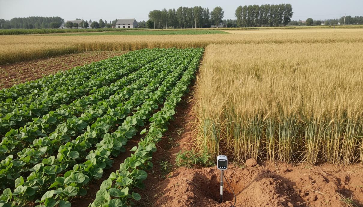 Сельскохозяйственное поле с посевами различных зерновых и бобовых культур и датчиком в почве.