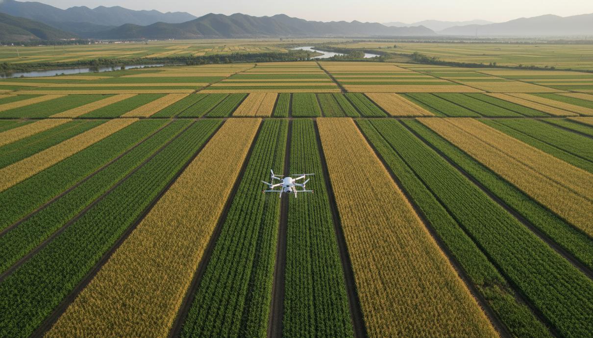 Сельскохозяйственные угодья с чередующимися рядами различных агрокультур на фоне равнинного пейзажа.