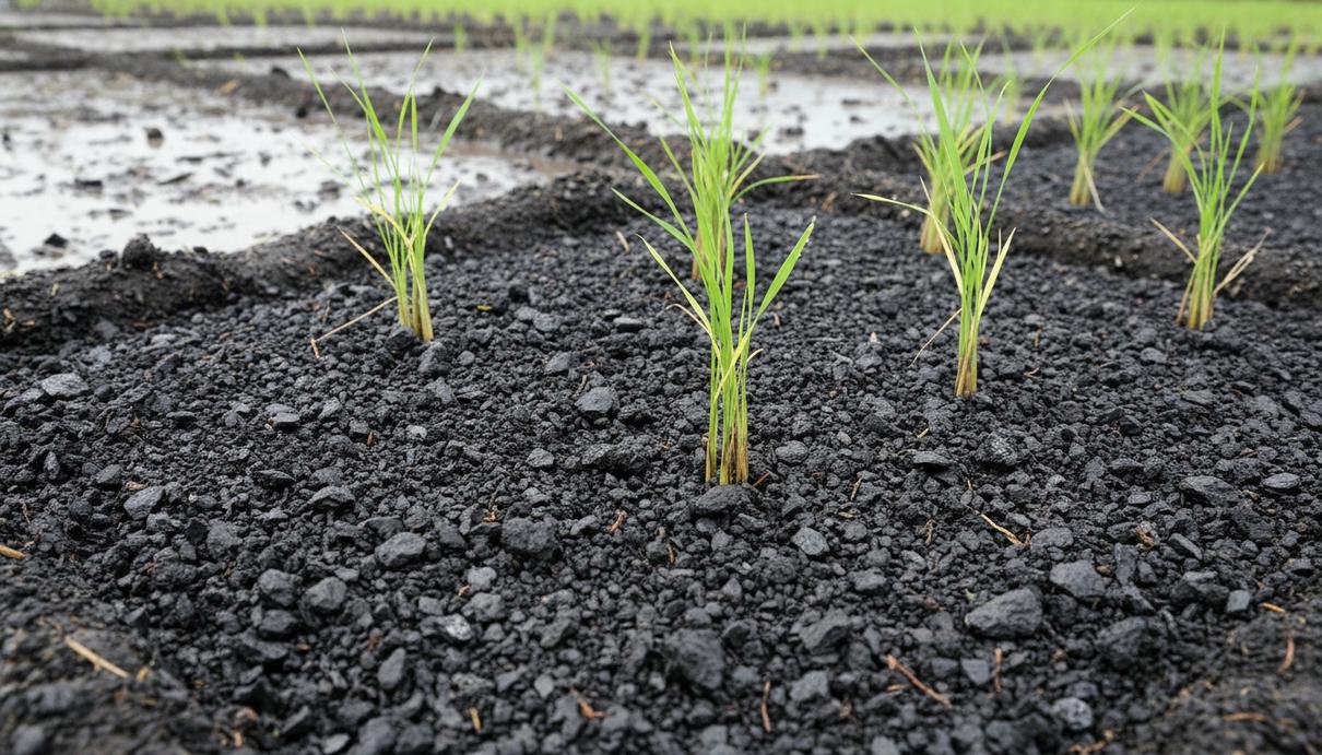 Темный гранулированный биочар на поверхности влажной почвы рисового поля с молодыми зелеными ростками.