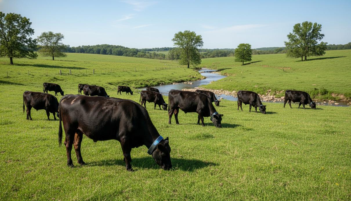 Крупный рогатый скот в ошейниках с GPS-датчиками на пастбище без видимых заборов