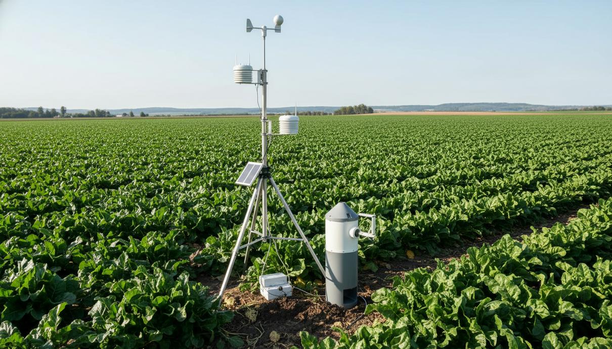 Датчик погоды и устройство для сбора проб воздуха на поле сахарной свеклы.