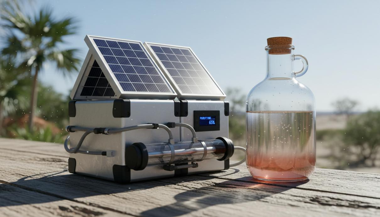 Портативная солнечная установка и стеклянный сосуд с водой на деревянном столе под открытым небом