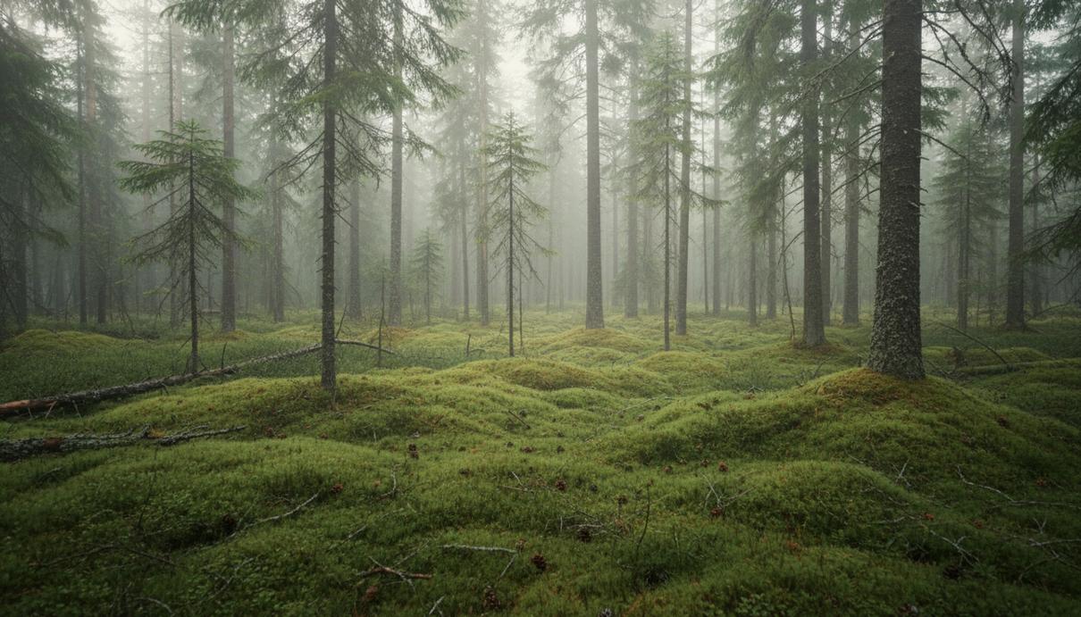 Густой хвойный лес в Финляндии с мшистой почвой и мягким солнечным светом, пробивающимся сквозь кроны.
