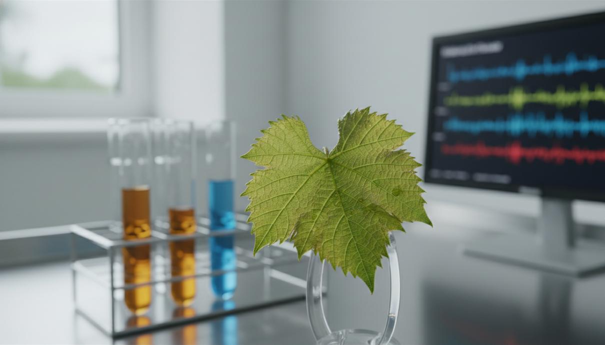Виноградный лист в лаборатории на фоне пробирок с образцами и монитора с генетическими данными.