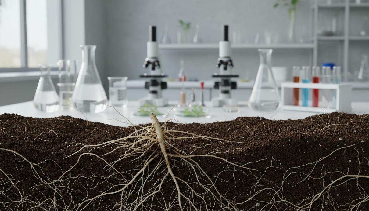 Корни молодого растения в прозрачном лабораторном контейнере с почвой в разрезе.