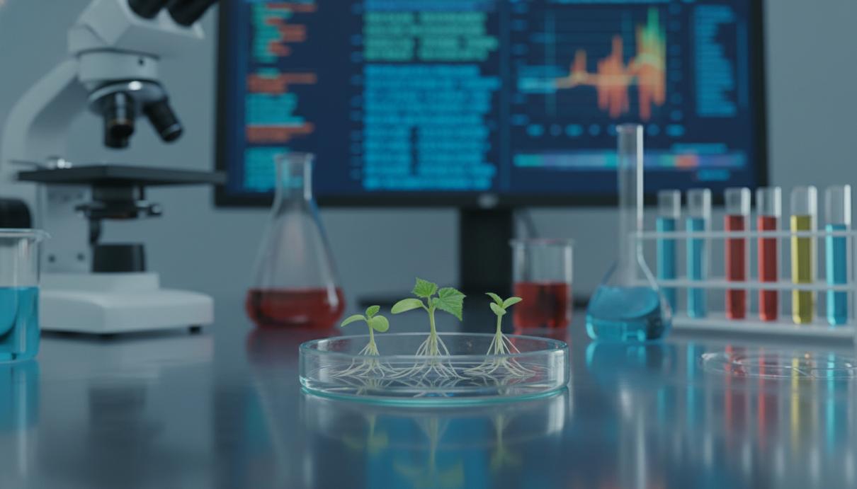 Ростки восковой тыквы в чашке Петри на лабораторном столе рядом с монитором компьютера.