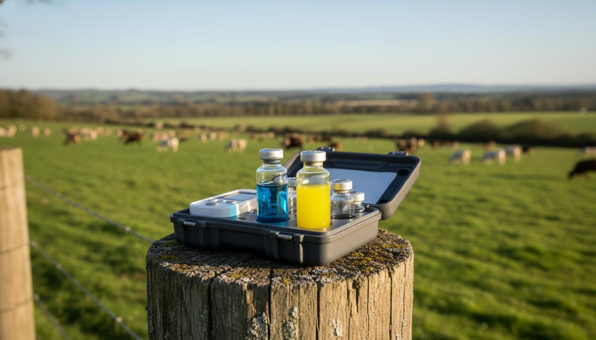 Портативный диагностический напор с пробирками на фоне пасущегося в поле стада коров.