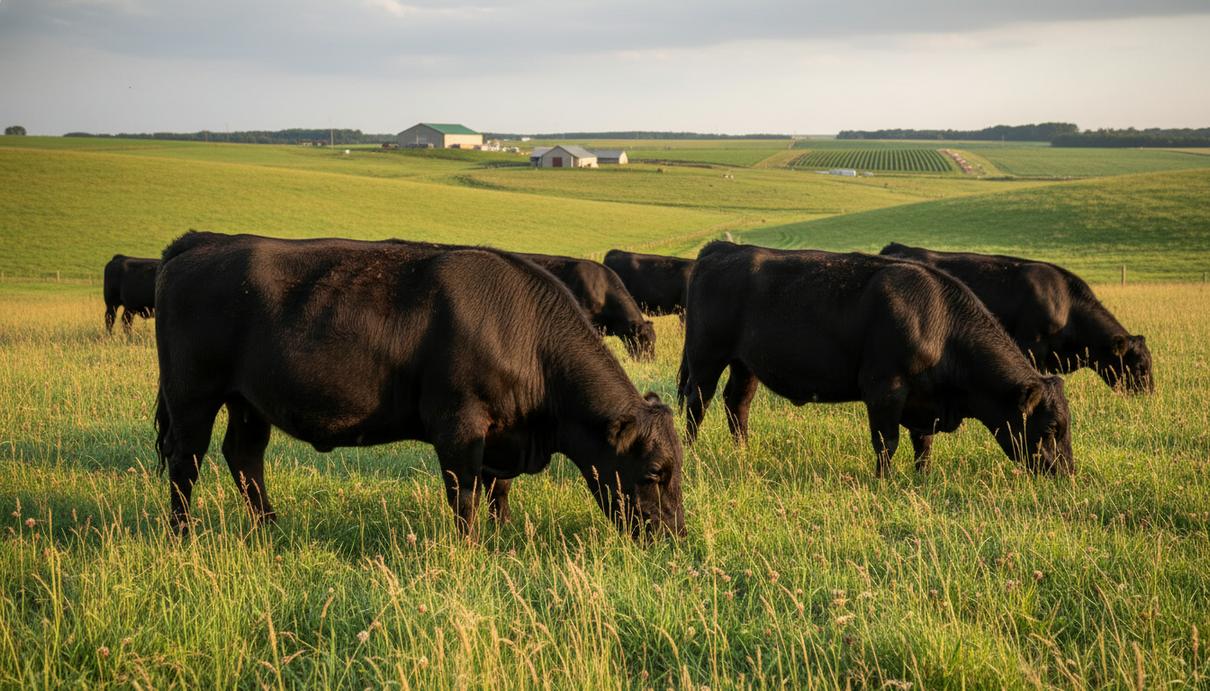 Группа черных коров пасется на холмистом зеленом пастбище сельскохозяйственного центра.