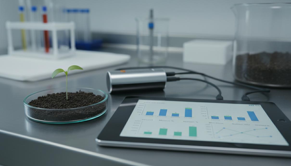 Зеленый росток в чашке Петри рядом с электронным датчиком и планшетом с графиками в лаборатории.