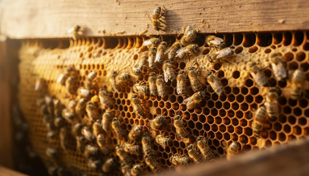 Медоносные пчелы на сотах внутри деревянного улья в мягком солнечном свете крупным планом.