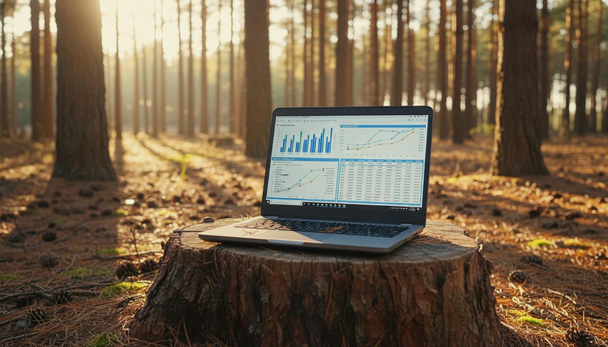 Ноутбук с графиками и таблицами на экране стоит на древесном пне в сосновом лесу.