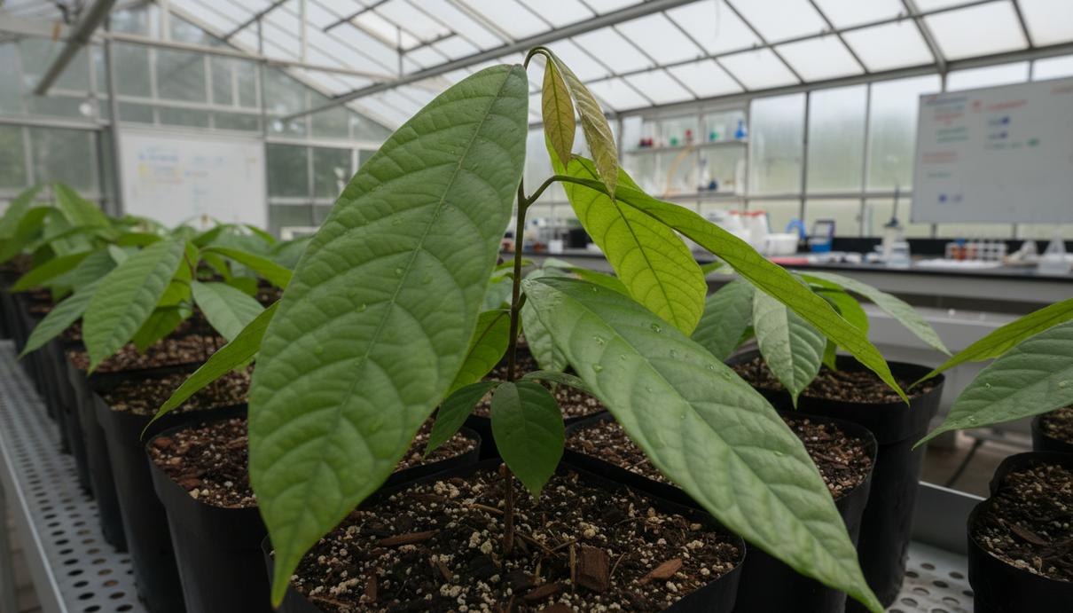 Молодые зеленые саженцы какао в горшках в условиях исследовательской лаборатории.