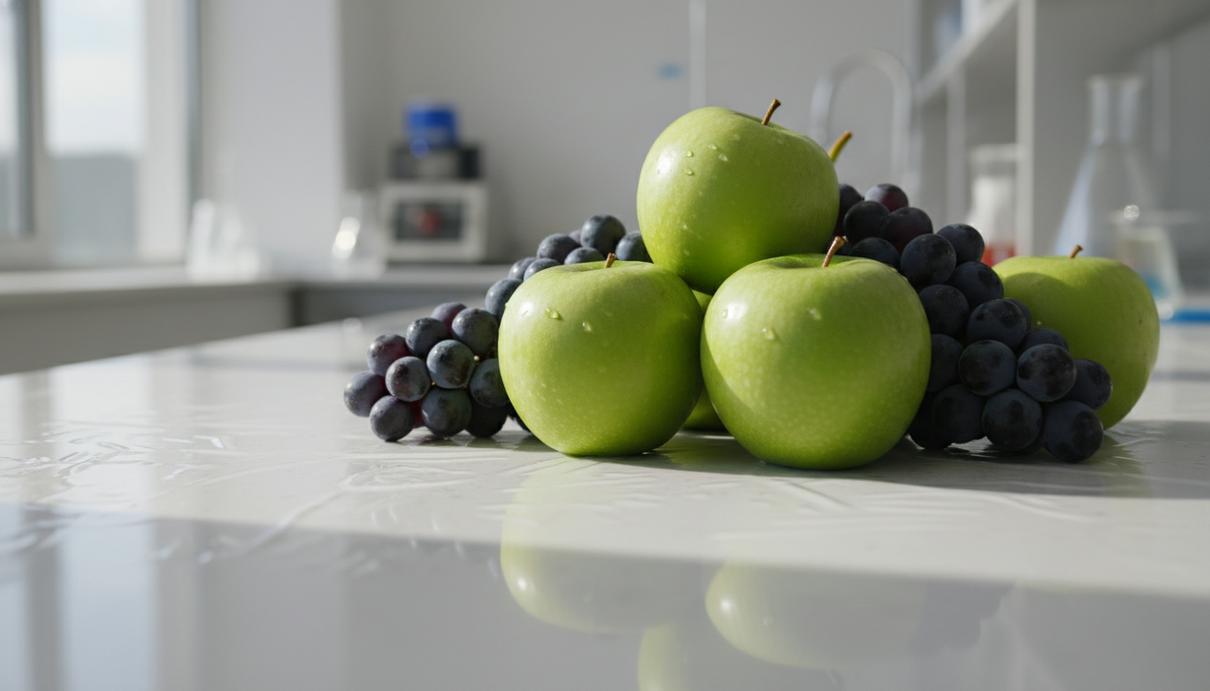 Свежие яблоки и виноград с тонким защитным слоем на поверхности в лабораторных условиях