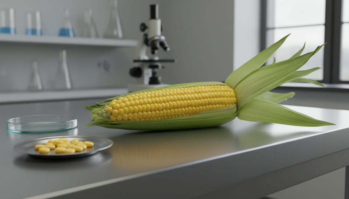 Початок сахарной кукурузы с ярко-желтыми зернами и зеленой шелухой на лабораторном столе.