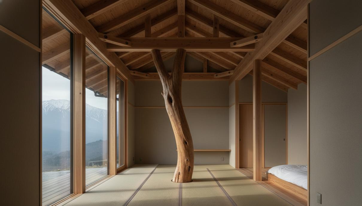 Интерьер современного дома в японском стиле с центральной опорой из цельного ствола дерева дзельква