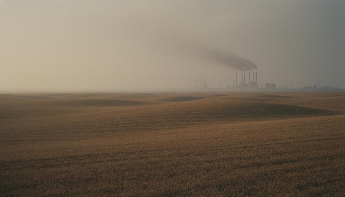 Пшеничное поле под дымчатым небом на фоне силуэтов заводских труб вдали.