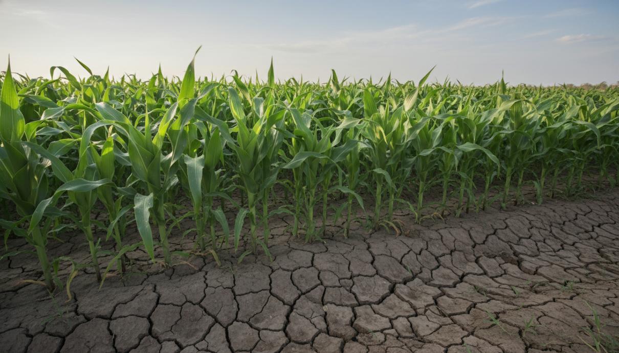 Кукурузная плантация в Южной Африке с зелеными растениями на фоне потрескавшейся от засухи земли.