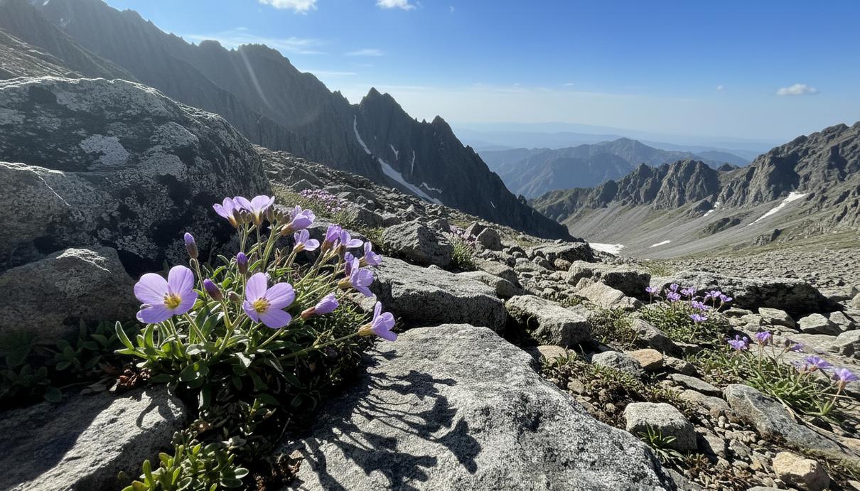 Цветы фиолетового оттенка Orychophragmus taibaiensis на каменистом склоне горы в лучах солнца.
