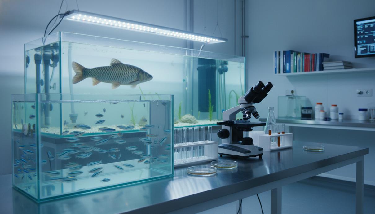 Стеклянный аквариум с рыбками данио-рерио на фоне лабораторного оборудования и микроскопа.