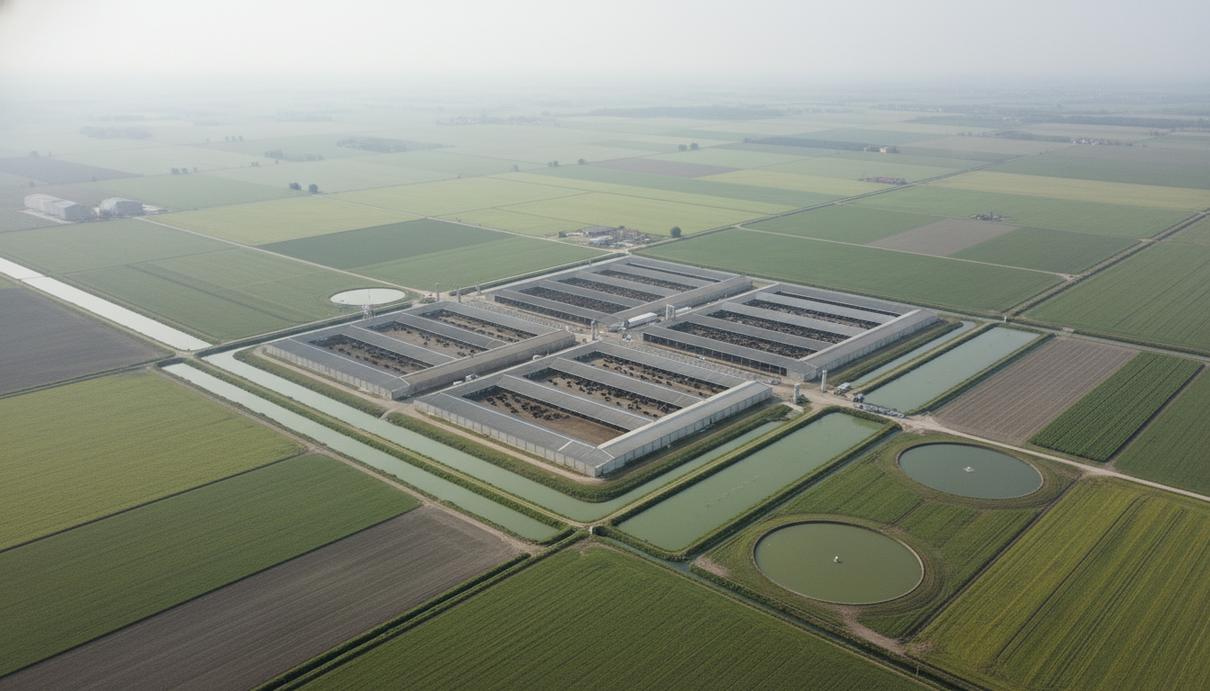 Промышленные корпуса животноводческой фермы среди сельскохозяйственных полей и каналов в Италии.