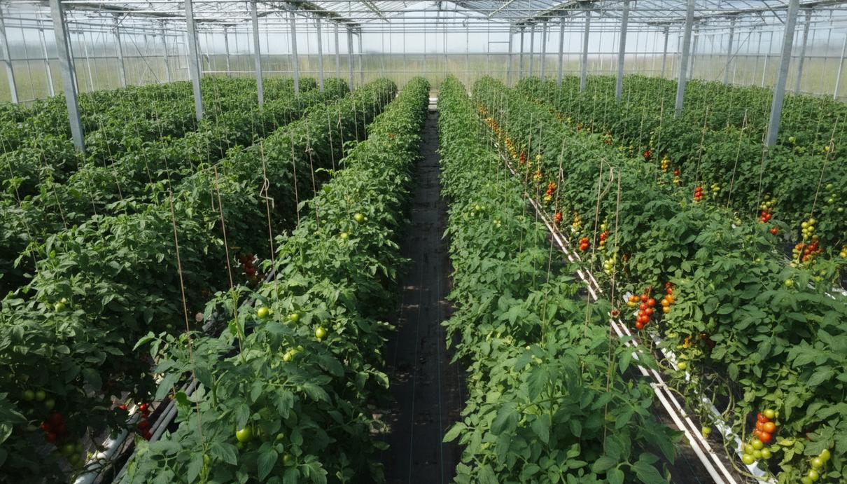 Ряды здоровых кустов томатов с созревающими красными плодами в современной промышленной теплице.