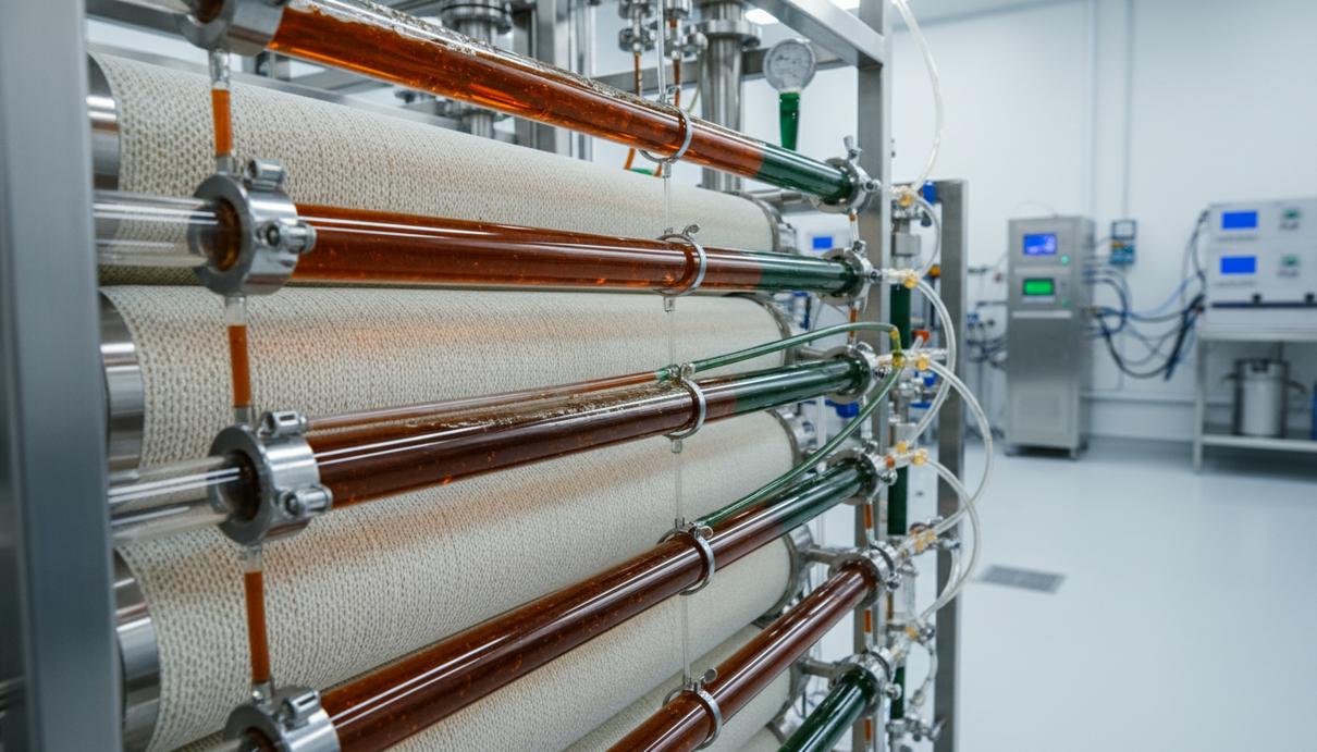 Система фильтрации и прозрачные трубки с концентратом нутриентов в научной лаборатории.