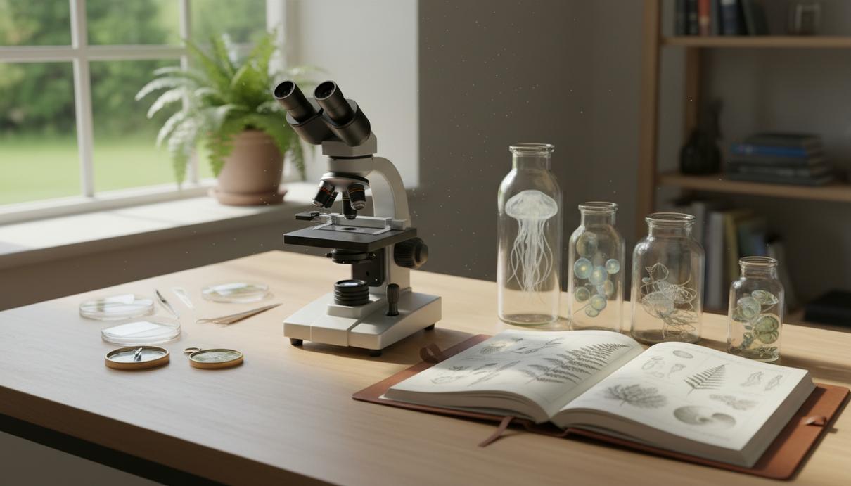 Лабораторный стол с микроскопом, открытыми научными журналами и гербарными листами папоротника.
