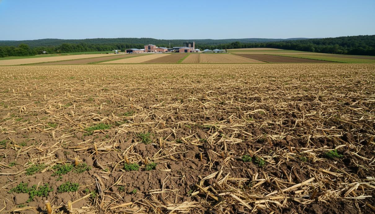 Сельскохозяйственное поле с остатками сухих стеблей на земле и молодыми зелеными ростками.