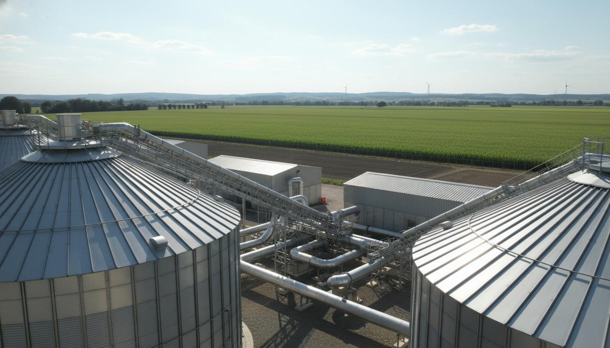 Промышленные резервуары и трубы системы переработки отходов на краю фермерского поля