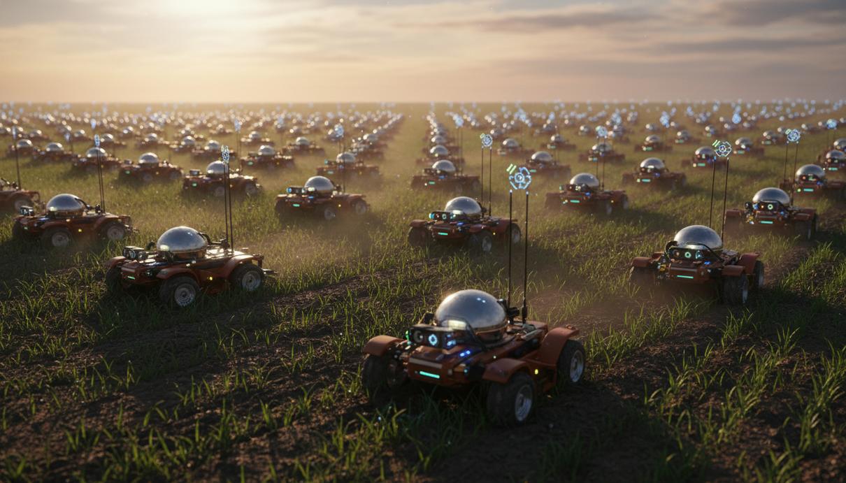 Автономные сельскохозяйственные роботы с антеннами работают на поле в вечернее время.