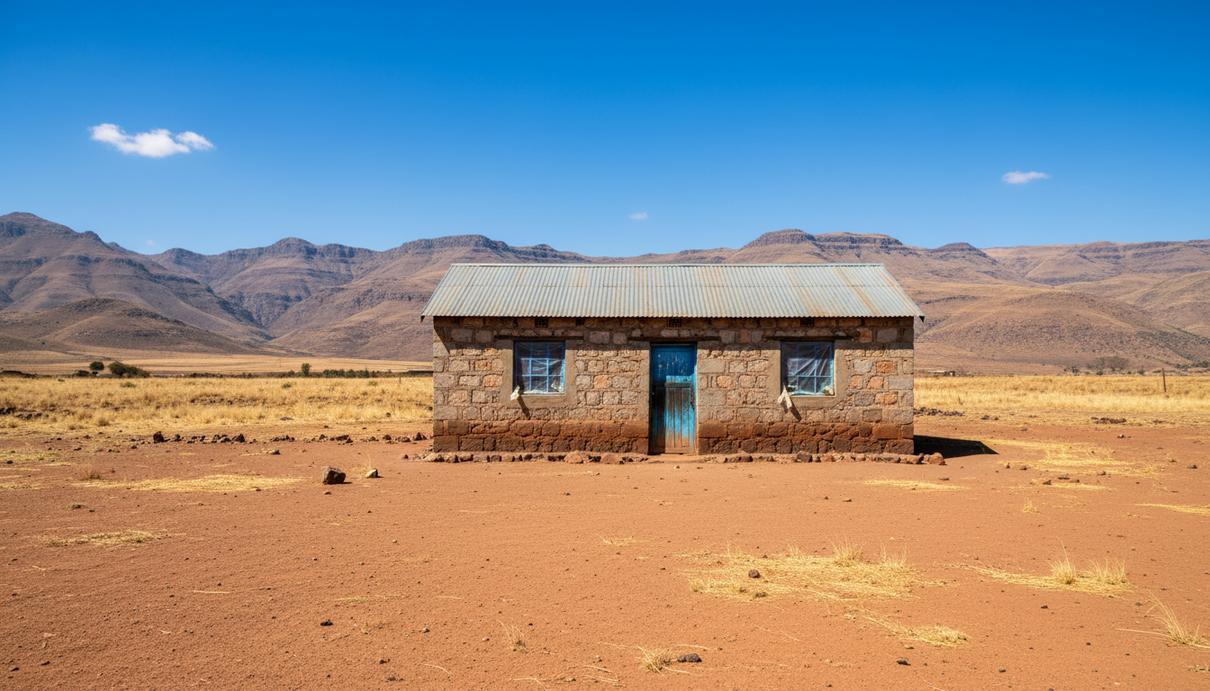 Деревянное здание сельской школы в горной местности Лесото на фоне сухой земли.