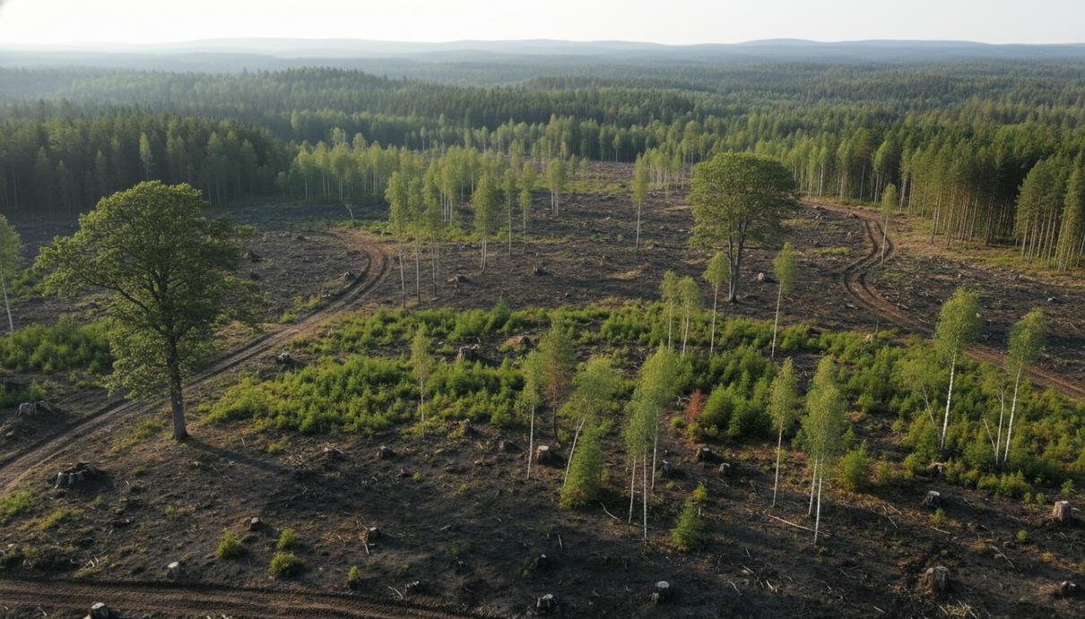 Молодые всходы сосны и березы на месте лесной вырубки со следами контролируемого выжигания почвы.