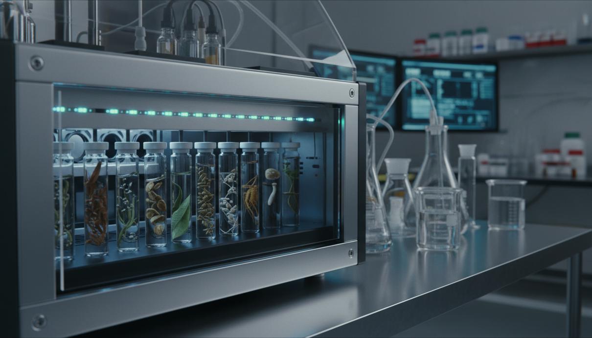 Лабораторное оборудование для секвенирования генома и пробирки с биологическими образцами растений.