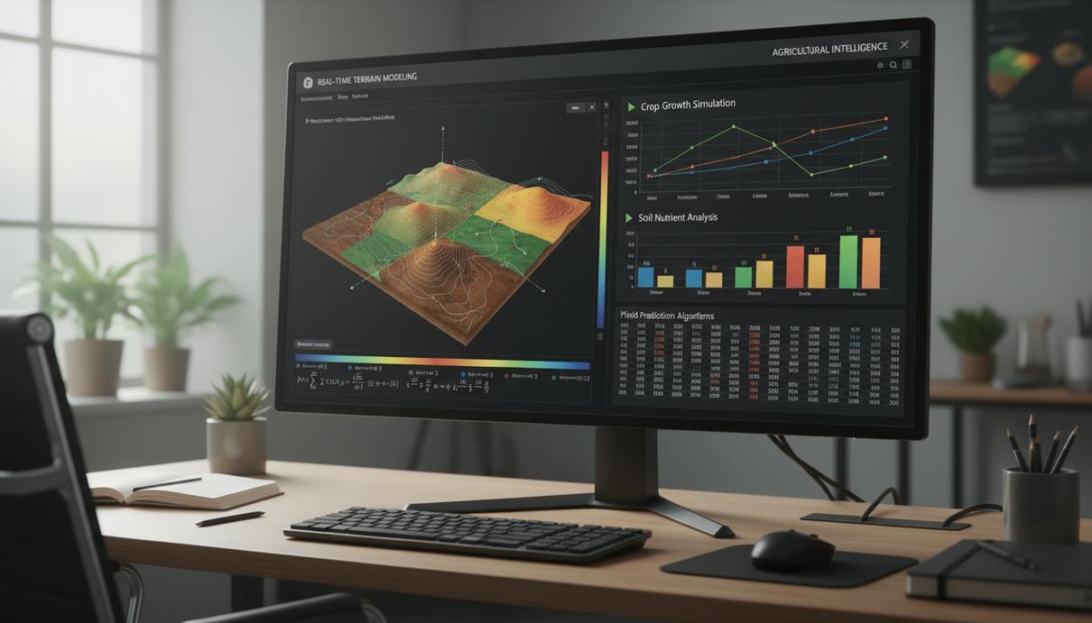 Монитор с цифровой трехмерной моделью ландшафта и графиками анализа данных в научной лаборатории.